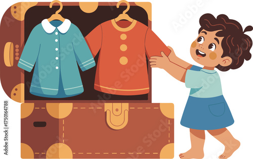 Child, suitcase, clothing, garments, coat, dress, vector, CAD, drawing, travel, interaction, barefoot, hanger, teal, red, cartoon, style, decision, fashion, illustration, playful, moment