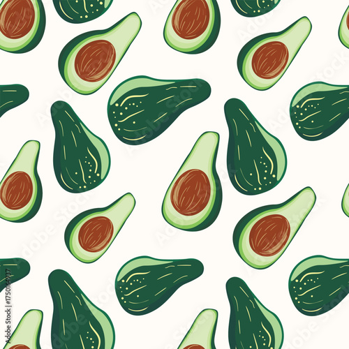 Cute avocado isolated on white background. Avocados with leaves and slice. Natural delicious fresh ripe tasty summer fruit. Vector illustration for packaging, card, other design. Food concept.
