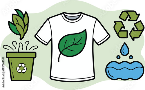 Flat vector illustration of eco-friendly T-shirt with green leaf, recycling bin, water droplet, sustainability icons, environmental conservation fashion concept