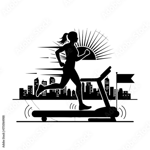 Fitness gym vector art of woman running on treadmill with city silhouette