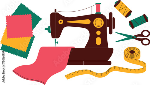 Flat vector illustration of vintage sewing machine with fabric, scissors, thread spools, measuring tape, crafting tools, tailoring and fashion design elements