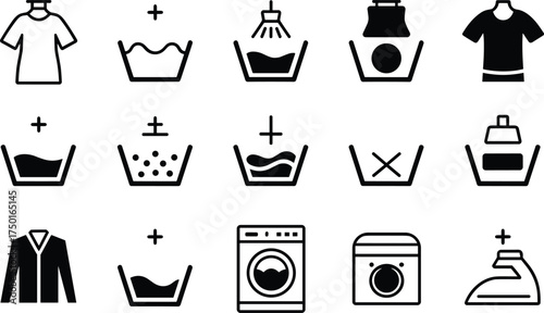 Laundry care symbols vector, washing instruction icons set, detergent, fabric softener, hand wash, dry, iron, machine wash, flat illustration.