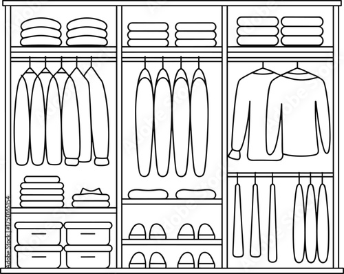 Modern wardrobe closet organization, flat vector CAD drawing, clean closet interior with clothes, folded towels, storage boxes, hangers, and shoes.