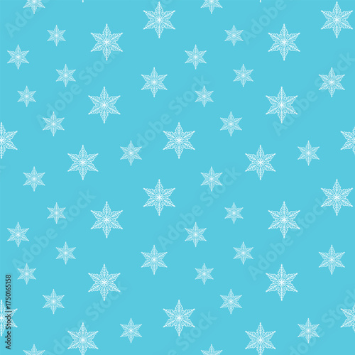 Winter seamless pattern with white snowflakes on blue background. Vector illustration for fabric, textile wallpaper, posters, gift wrapping paper. Christmas vector illustration. Falling snow.