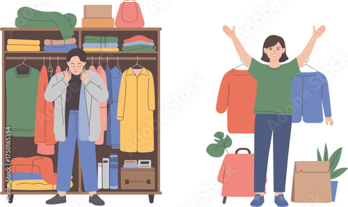 Woman organizing clothes in wardrobe, minimalist fashion style, home organization, tidy closet concept, decluttering clothes, spring cleaning, happy fashion moment