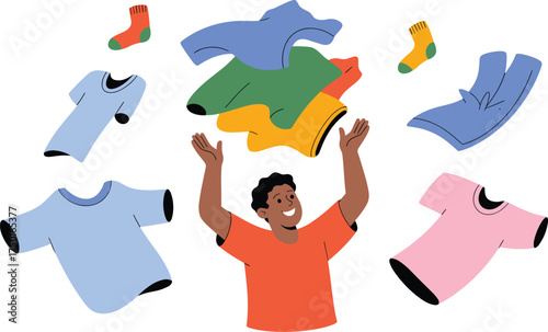 Happy person tossing colorful clothes, t-shirts, socks, and laundry in the air, joyful illustration of clothing, washing, organizing, fashion, and household chores