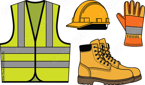Construction safety protective equipment vector illustration, including high visibility vest, hard hat, safety gloves, and work boots, essential gear for workplace safety and protection