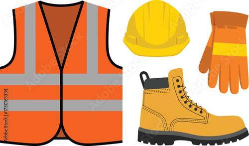 Construction safety equipment vector set with protective vest, hard hat, gloves, and boots, essential workplace gear for workers, industrial safety, and occupational protection