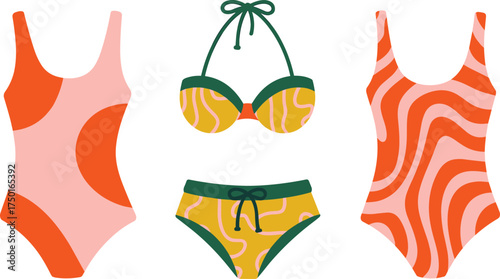 Summer swimwear fashion illustration of modern bikini and swimsuit designs, colorful beachwear vector collection, stylish women’s bathing suits, tropical pattern clothing template