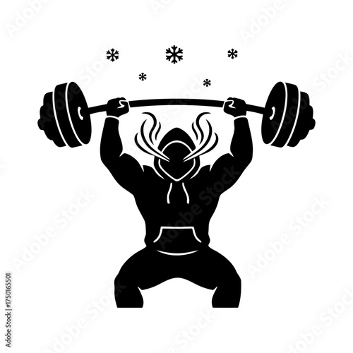 Weightlifting vector art of weightlifter silhouette with winter snowflakes