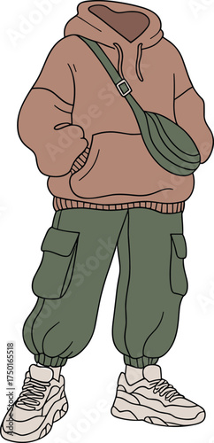 Streetwear, outfit, hoodie, cargo, pants, sneakers, crossbody, bag, green, brown, white, fashion, clothing, apparel, vector, CAD, drawing, illustration, casual, urban, style, design