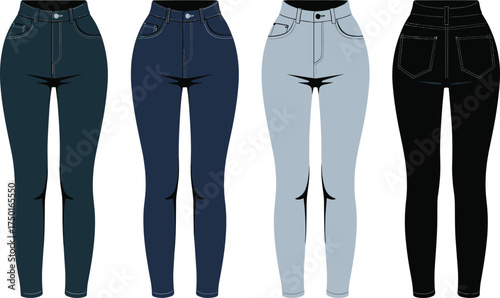 Jeans, skinny, women, front, back, view, black, blue, green, stitching, pockets, belt, loops, fashion, clothing, apparel, illustration, CAD, vector, design, casual, denim