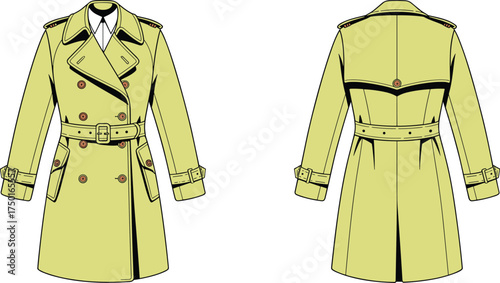 Trench, coat, beige, front, back, view, fashion, vector, CAD, drawing, buttons, belt, epaulets, collar, cuffs, storm, flap, vent, illustration, design, classic, apparel