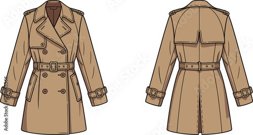 Trench, coat, beige, front, back, view, fashion, vector, CAD, drawing, buttons, belt, epaulets, lapel, collar, cuffs, storm, flap, vent, pockets, illustration, design