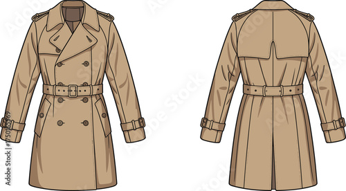 Trench, coat, beige, front, back, view, fashion, vector, CAD, drawing, buttons, belt, epaulets, cuffs, vent, storm, flap, clothing, apparel, illustration, design, classic