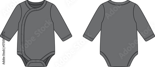 Baby, onesie, front, back, view, long, sleeves, vector, CAD, drawing, snap, buttons, cuffs, stitching, trim, clothing, apparel, infant, fashion, illustration, design, garment