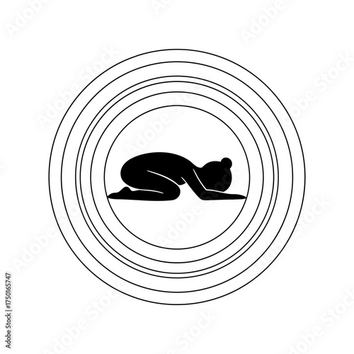 Yoga vector art of silhouette of woman in childs pose inside concentric circles