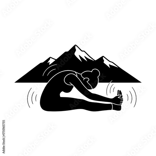 Yoga vector art of woman doing seated forward bend pose with mountain