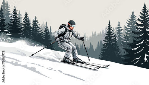 Skier enjoying excitement while descending a hill in a winter forest