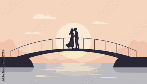 Couple kissing with love on a bridge against a sunset background