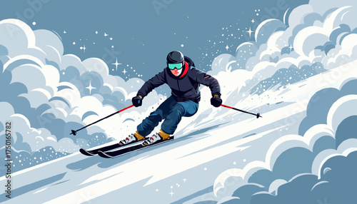Skier rushing with excitement down the slope, creating a cloud of snow