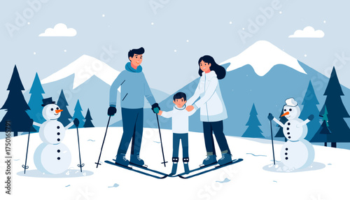 Family enjoying skiing together near cheerful snowmen in a winter landscape