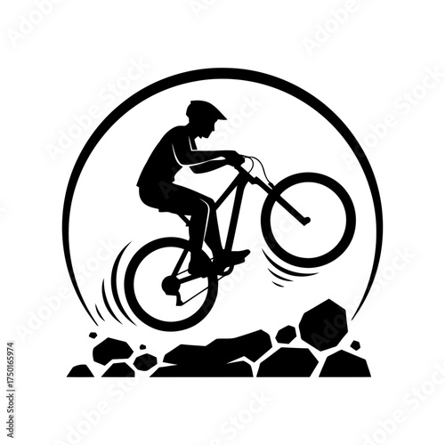 Cycling vector art of mountain biker silhouette jumping over rocks