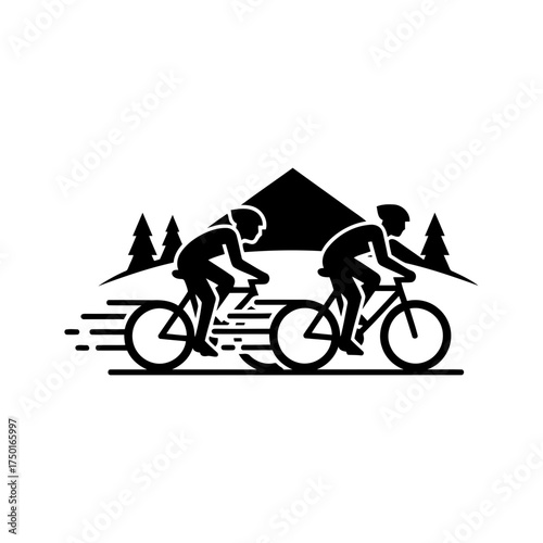 Cycling vector art of two cyclists riding mountain bikes in nature