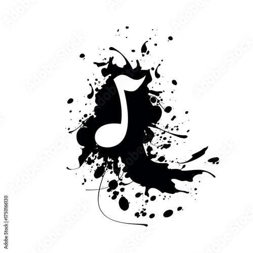Music Note Silhouette on Abstract Ink or Paint Splatter – Creative Sound, Artistic Expression, and Urban Art Vector