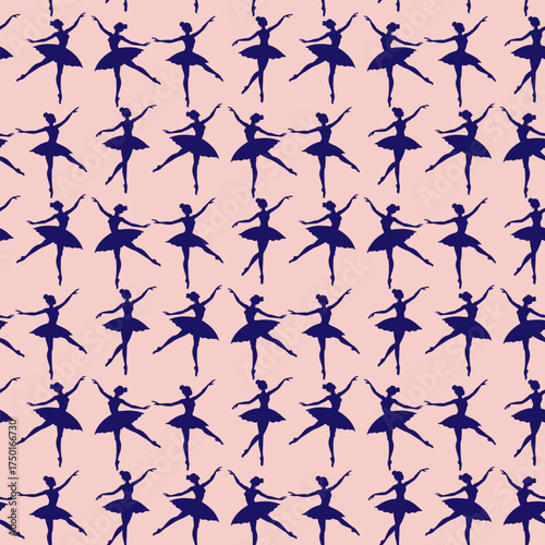 Seamless pattern with dancing ballerinas on pink background. Cute ballerina. Blue silhouettes ballerinas in flat style. Elegant girly vector ornament. Aesthetic, athletic woman, textile art, fashion.