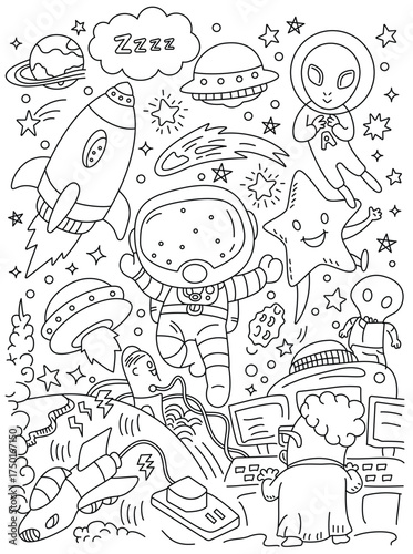 Whimsical space doodle vector art with astronauts aliens and rockets.