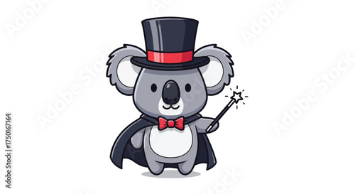 Cute Koala Magician Character in Top Hat and Cape with Magic Wand