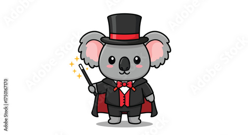 Cute Koala Magician Character in Top Hat and Cape with Magic Wand