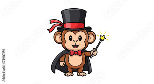 Cute Monkey Magician Character in Top Hat and Cape with Magic Wand - 3D Cartoon Mascot Illustration
