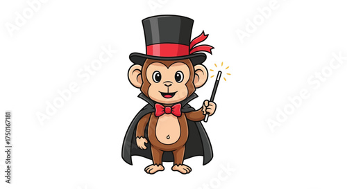 Cute Monkey Magician Character in Top Hat and Cape with Magic Wand - 3D Cartoon Mascot Illustration
