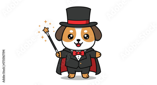 Cute Dog Magician Character in Top Hat and Cape with Magic Wand - 3D Cartoon Mascot Illustration
