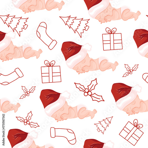 seamless pattern with cartoon children sleeping in Santa's hats and New Year themed icons, for themed New Year and Christmas designs