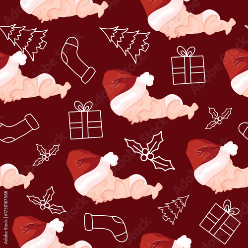seamless pattern with cartoon children sleeping in Santa's hats and New Year themed icons on a red background, for themed New Year and Christmas designs