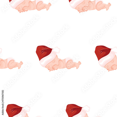 pattern with cartoon children sleeping in Santa hats, for themed New Year and Christmas designs