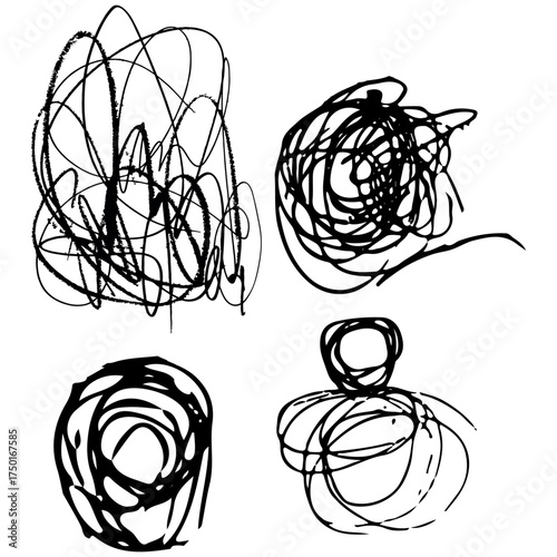 set with various abstract blots drawn with a pencil in a round shape, for various designs and template designs