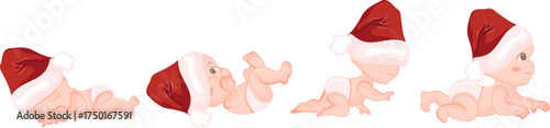 Set of various little children in Santa hats and lying in different positions, for themed New Year and Christmas designs