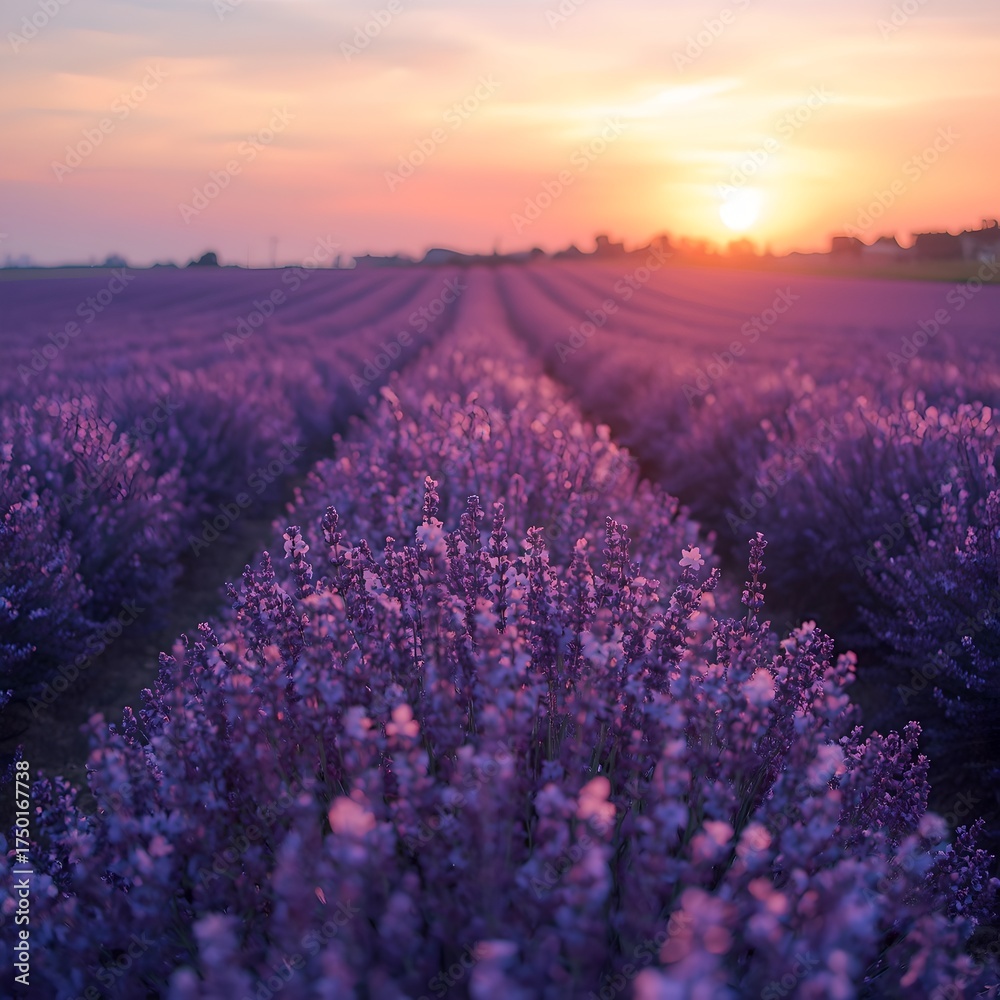 Obraz premium Lavender Field at Sunset with Beautiful Sky