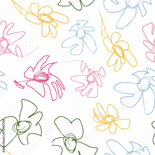 seamless pattern of various flowers drawn by children in line art style, drawn in different colors, for various designs on children's themes