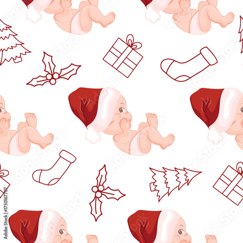 seamless pattern with smiling children holding a fist near their mouths in Santa's New Year's hats and various New Year's elements, for New Year and Christmas designs