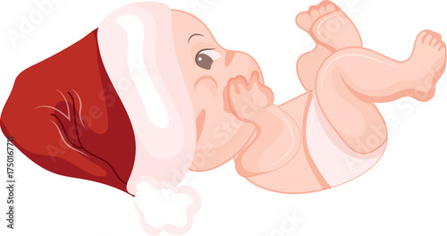 cartoon child smiling and holding a fist near his mouth in a Santa hat, for New Year and Christmas designs