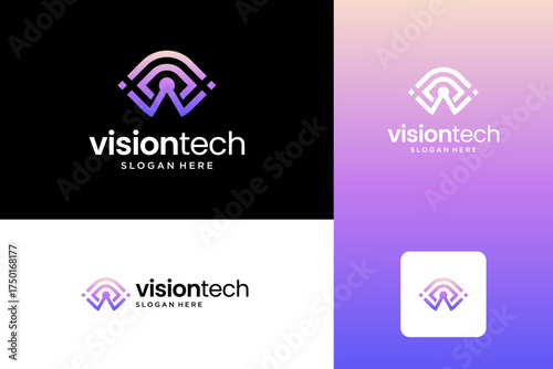 Abstract eye vision tech logo with initial letter A vector illustration.