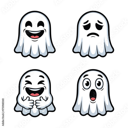 Set of cute cartoon ghost emojis showing emotions