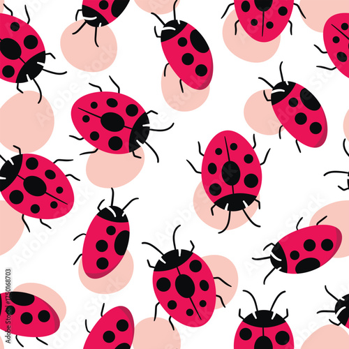 Fashion animal seamless pattern with colorful ladybird on white background. Cute holiday illustration with ladybags for baby. Design for invitation, poster, card, fabric, textile.
