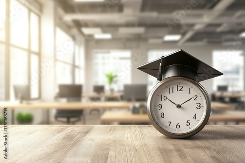 On the table, an alarm clock and a graduation cap sit there. Time to set study goals