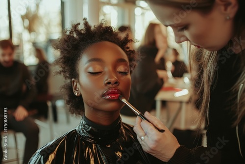 The makeup artist is crafting beautiful makeup for a brunette model